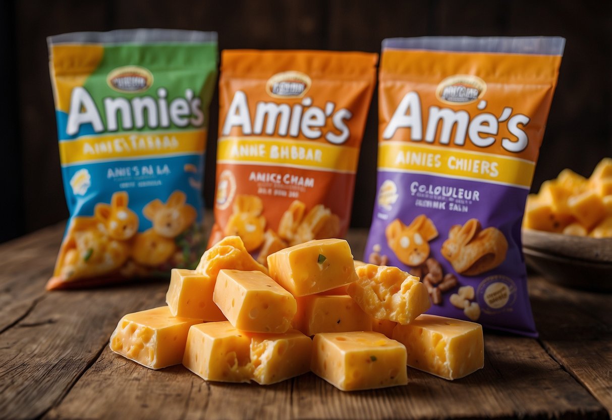 A colorful array of Annie's Cheddar Bunnies spill out of a open, lightweight snack bag onto a rustic wooden surface, ready for a photography trip