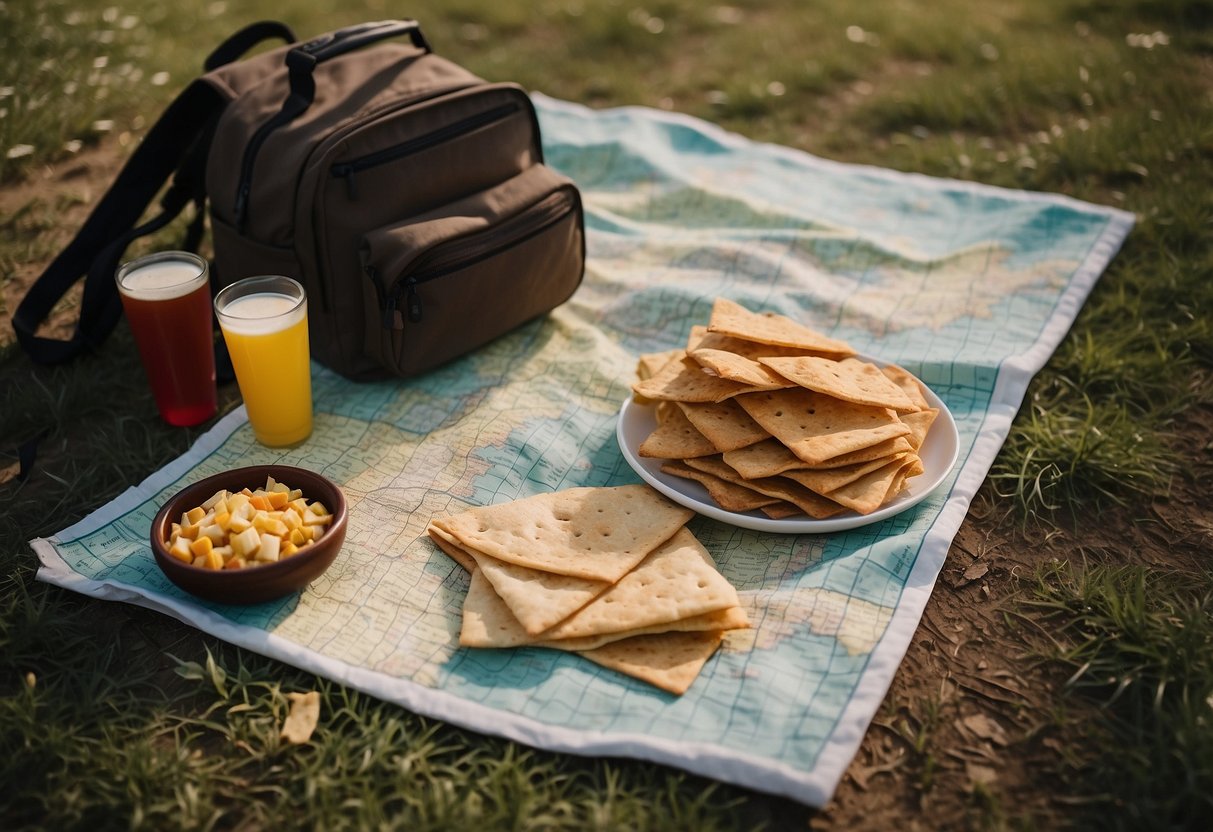 A picnic blanket spread with Stacy's Pita Chips, a camera, and a map. A backpack rests nearby, filled with snacks and photography gear