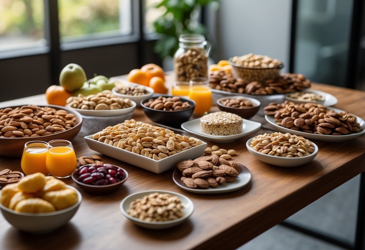 A table with an assortment of lightweight snacks, such as nuts, granola bars, and dried fruit, arranged neatly with a camera and photography equipment in the background