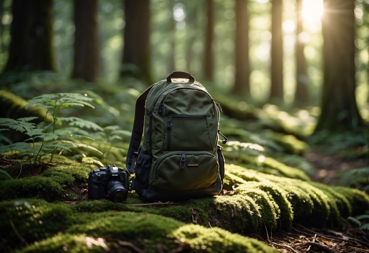 A backpack sits on a mossy log in a lush forest clearing. A camera and tripod are set up nearby, capturing the serene natural surroundings. Sunlight filters through the trees, casting dappled shadows on the forest floor