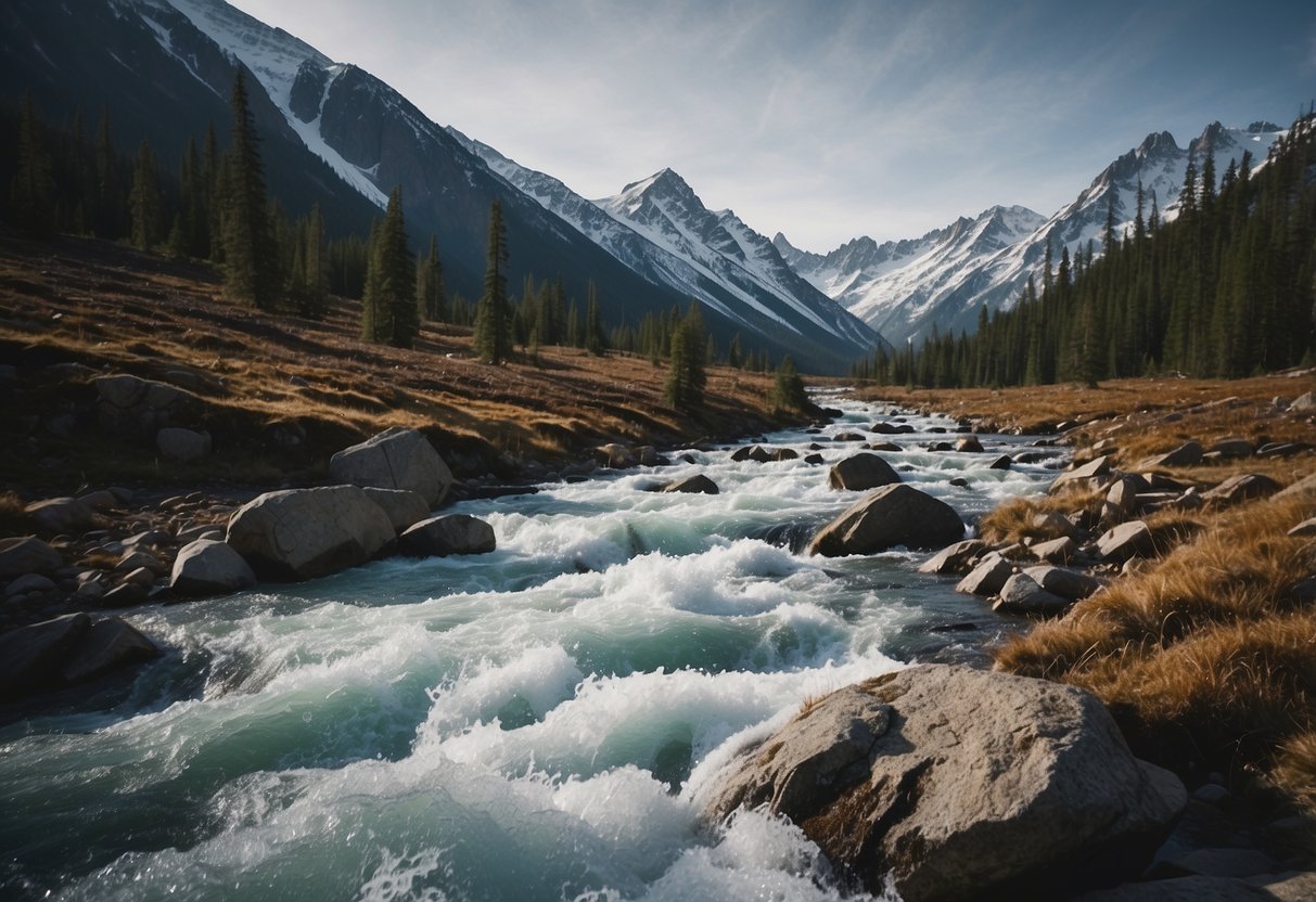 A rushing river cuts through a rugged landscape, frozen in time by a fast shutter speed. The water appears still, capturing the raw beauty of the backcountry