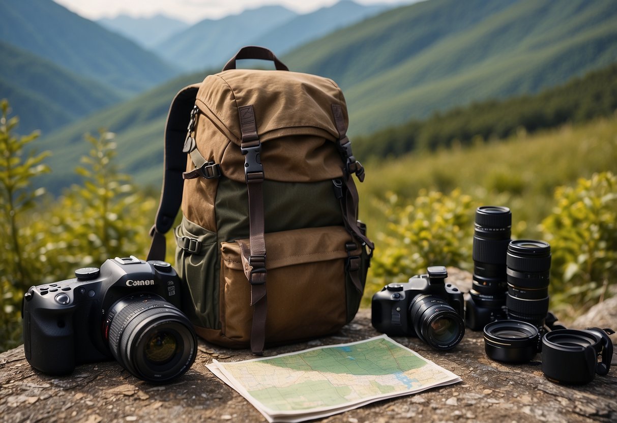 A rugged backpack lies next to a sturdy tripod, surrounded by a map, compass, and camera gear. The setting is a remote, mountainous landscape with towering peaks and a winding trail disappearing into the distance