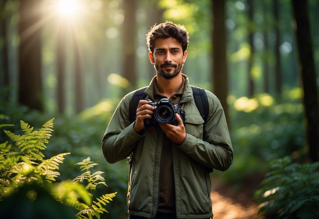 A photographer stands in a lush forest, wearing a lightweight jacket. The sun filters through the trees, illuminating the vibrant greenery. Birds chirp in the background as the photographer sets up their camera