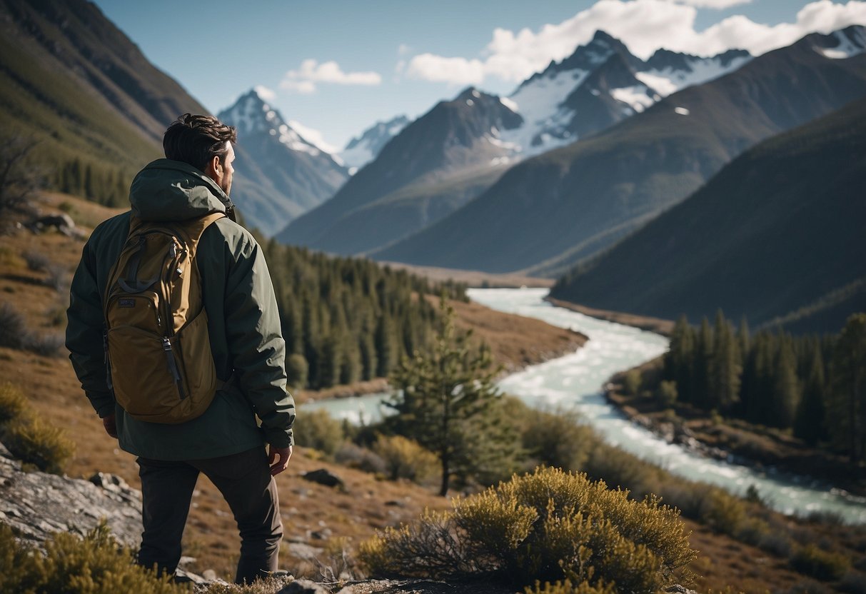 A rugged landscape with mountains, forests, and a flowing river. A lone Patagonia Houdini Jacket hangs from a tree branch, surrounded by nature