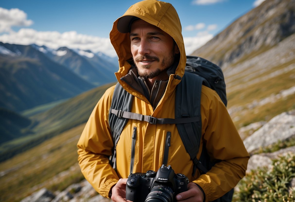 A hiker wears a Marmot PreCip Eco jacket while capturing nature's beauty with a camera. The lightweight jacket protects against the elements as the photographer explores the great outdoors