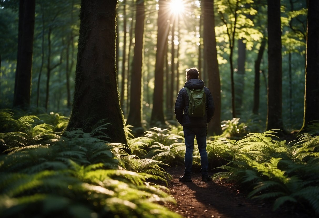 A photographer stands in a lush forest, wearing a lightweight jacket, camera in hand. The sun filters through the trees, casting dappled light on the vibrant foliage