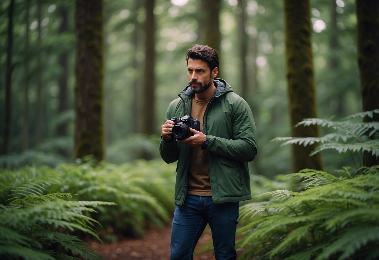 A photographer stands in a lush forest, wearing a lightweight jacket, capturing the vibrant colors of nature despite changing weather conditions