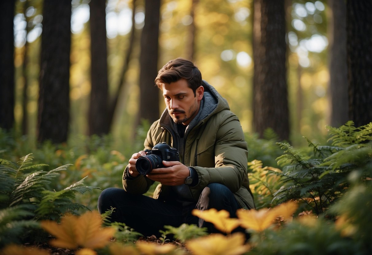 A photographer in a lightweight jacket capturing nature's beauty in a serene forest setting, surrounded by tall trees and colorful foliage