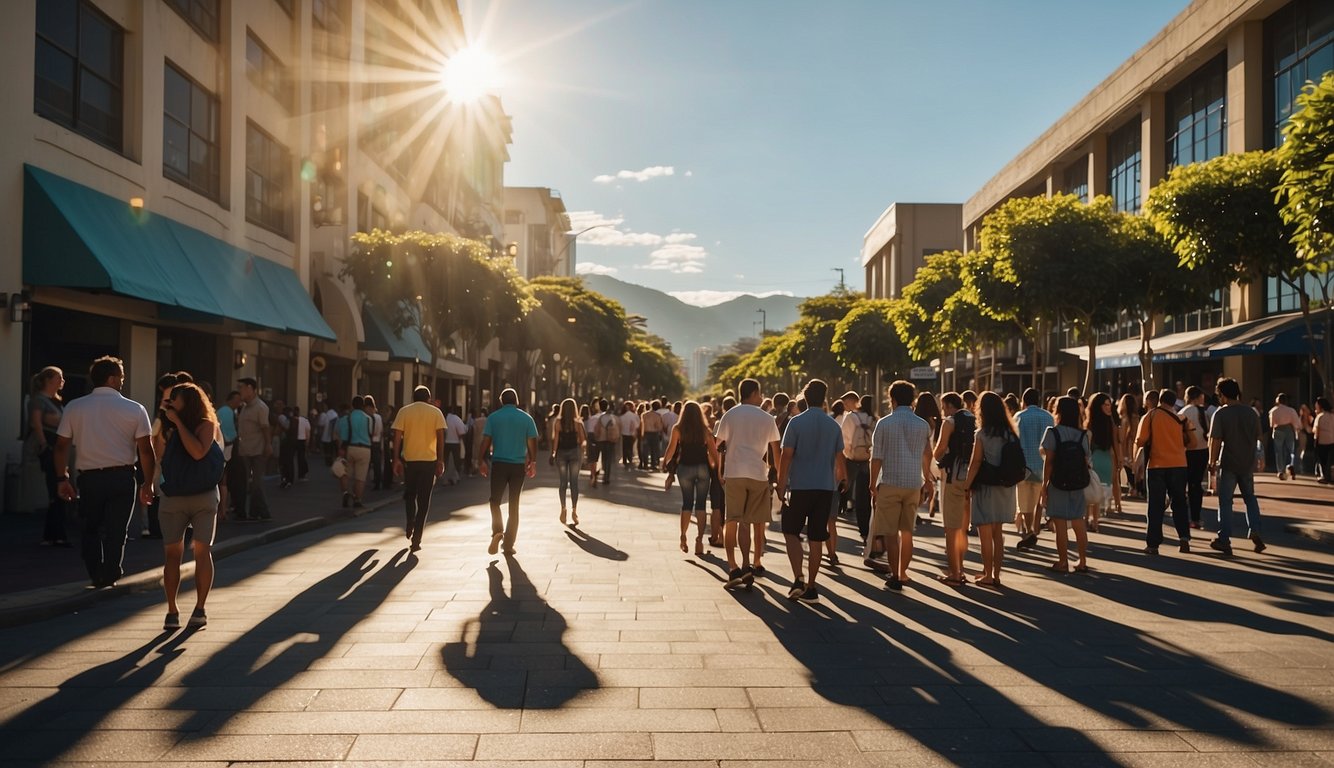 A bustling city street in San Jose, Costa Rica, with people lining up outside a government building for background checks. The sun is shining, and colorful buildings line the street