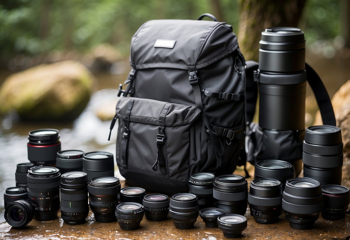 Camera, lenses, and accessories are neatly packed inside a waterproof backpack. A rain cover is securely fastened over the bag, and a small towel is placed inside for added protection