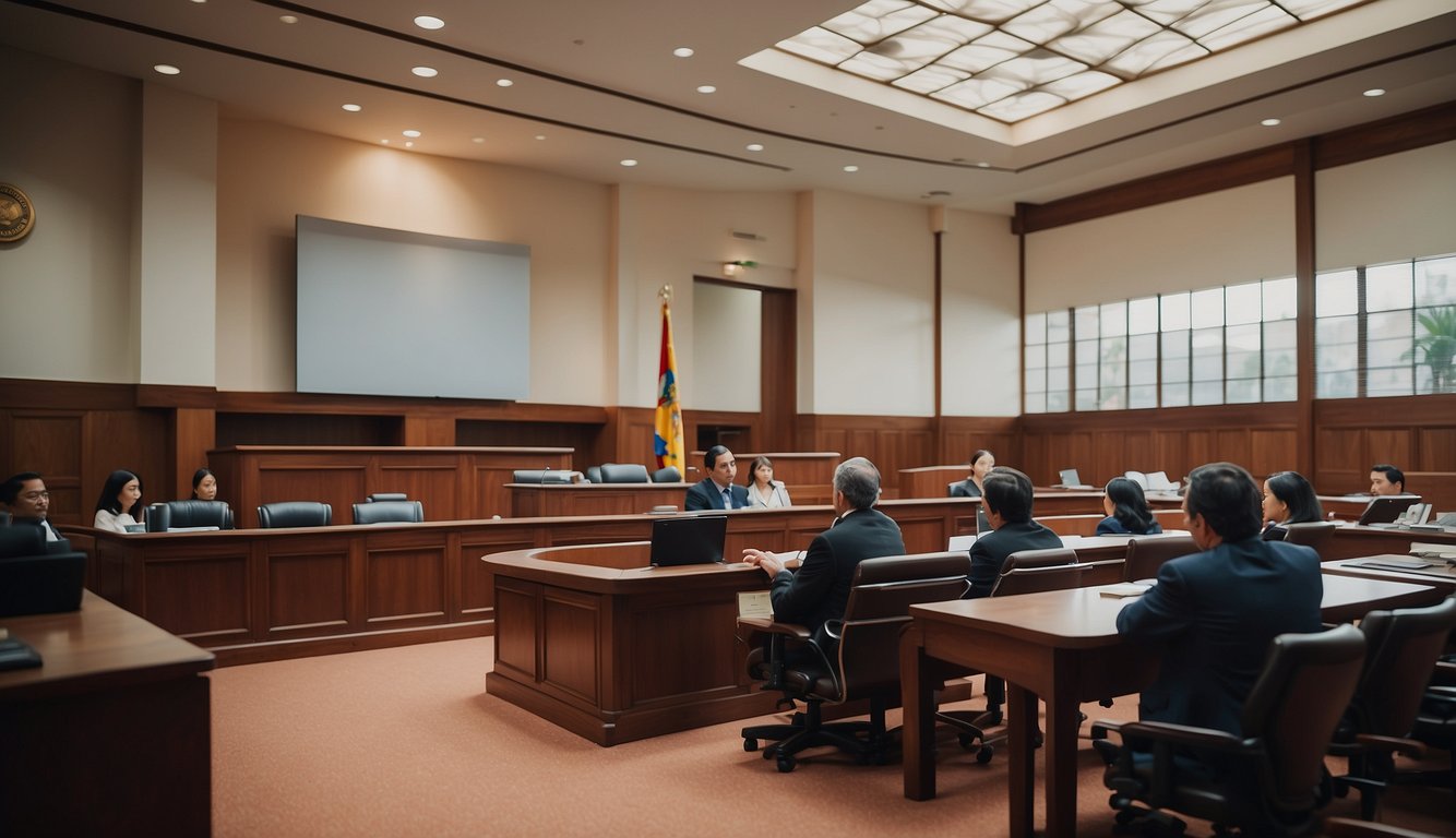 A courtroom in Costa Rica with legal documents and judges presiding over background check regulations in San Jose