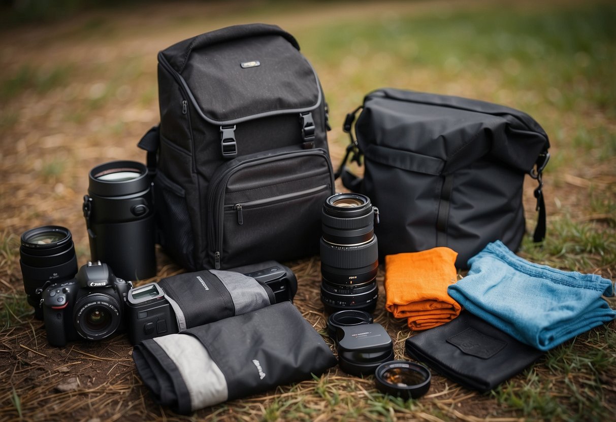 A camera bag open on the ground with microfiber cloths spilling out, surrounded by various outdoor photography gear