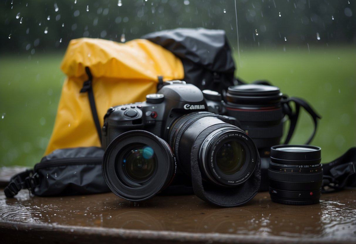 A camera and lens protected by waterproof covers in a rainy outdoor setting, with a backpack and gear stowed in dry bags