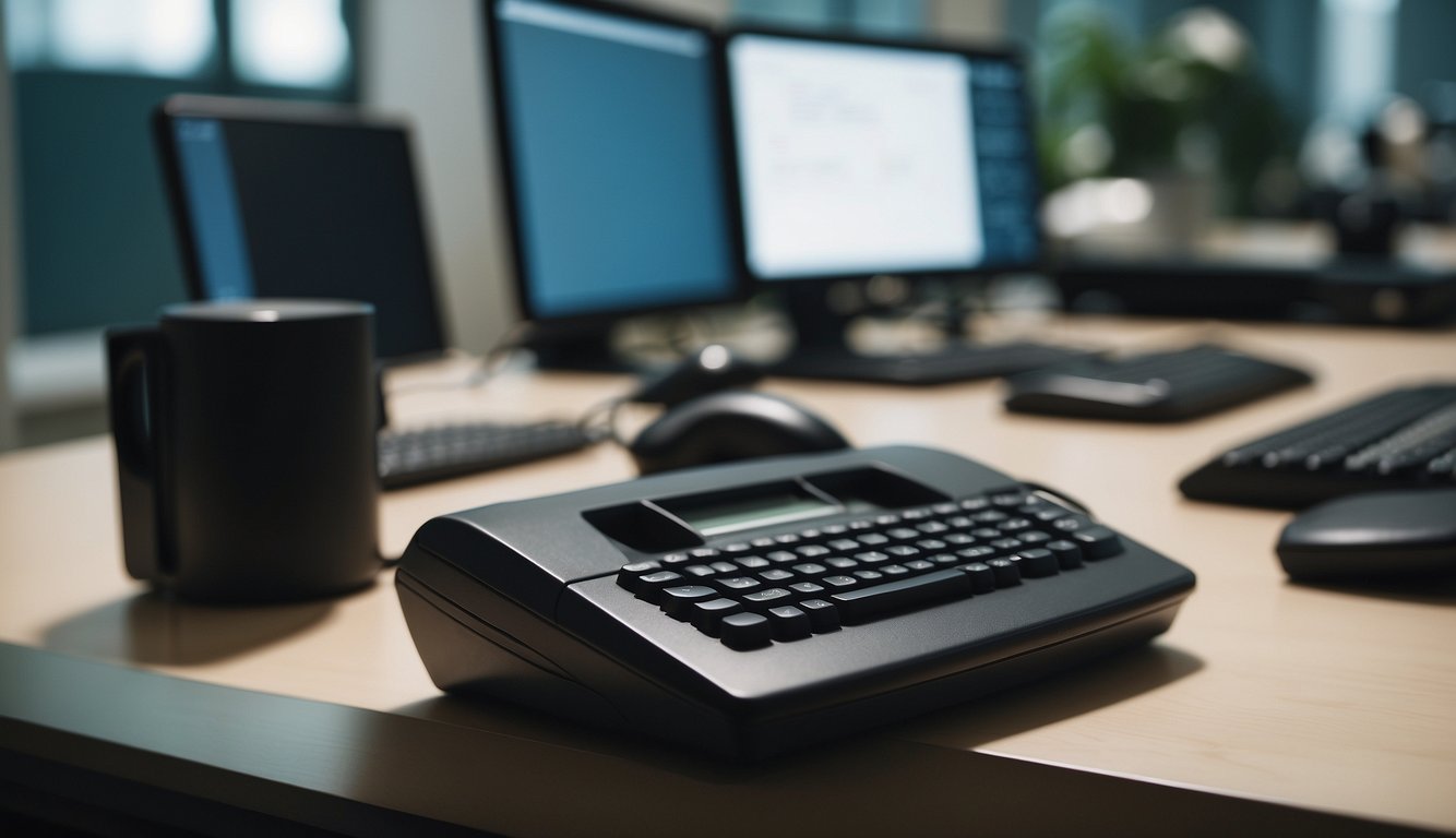 A desk with a computer, files, and a phone. A person conducting background checks in an office in San Jose, Costa Rica