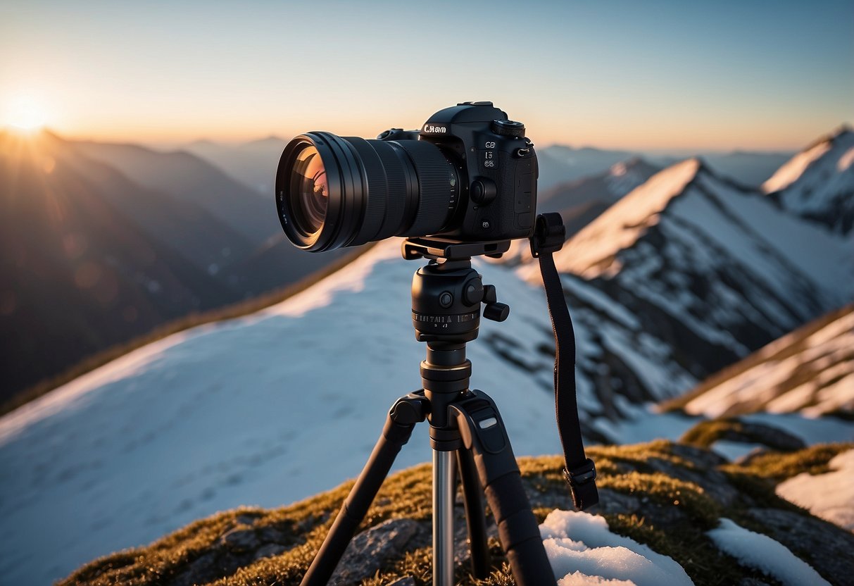 A mountain peak at sunrise, with clear blue skies and snow-capped peaks in the distance. A camera and tripod set up on a rocky outcrop, capturing the stunning landscape