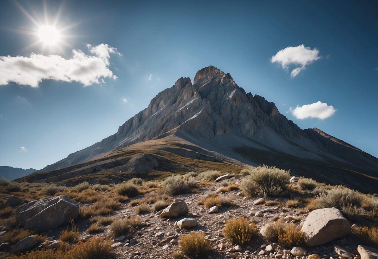 A mountain peak surrounded by thin air, with a clear blue sky and sparse clouds. The landscape is rugged, with jagged rocks and sparse vegetation