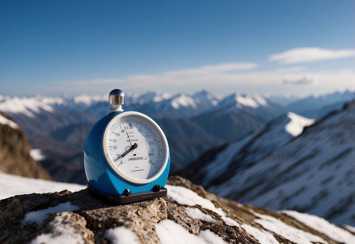 Clear blue sky, snow-capped peaks, and a rugged terrain. A weather station with an anemometer and a barometer. Sunlight casting long shadows