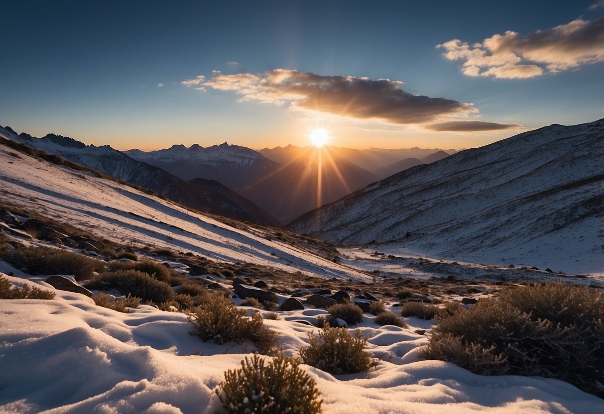 The sun sets behind snow-capped peaks, casting a warm glow on the rugged landscape. Shadows stretch across the rocky terrain, creating a dramatic contrast. The sky is a deep blue, with wisps of clouds catching the last light of day