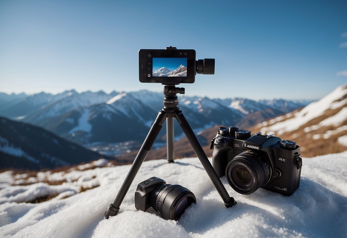 Snow-covered mountain peak with a camera, tripod, and batteries lying on a blanket to keep warm. Clear blue sky and crisp air in the background