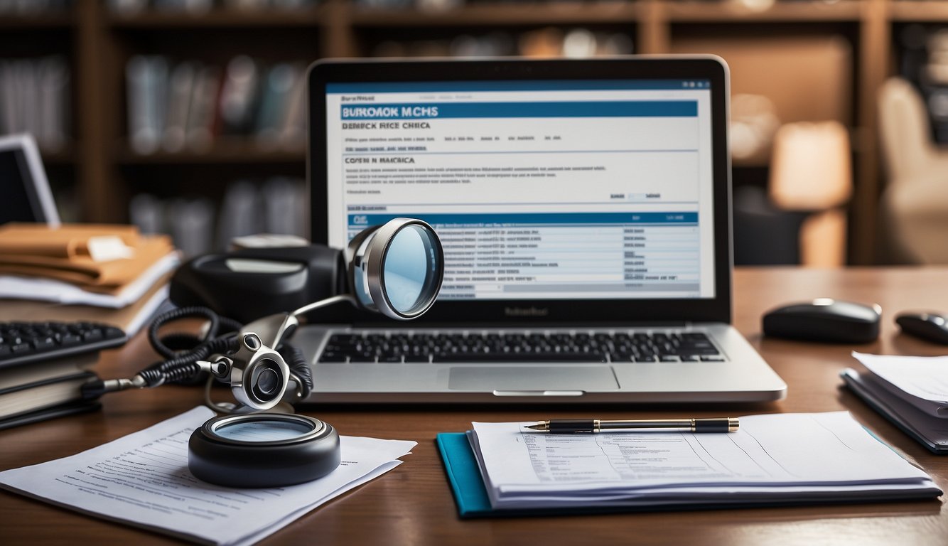 A desk with a computer, files, and a document titled "Background Checks in San Jose, Costa Rica" with a magnifying glass on top