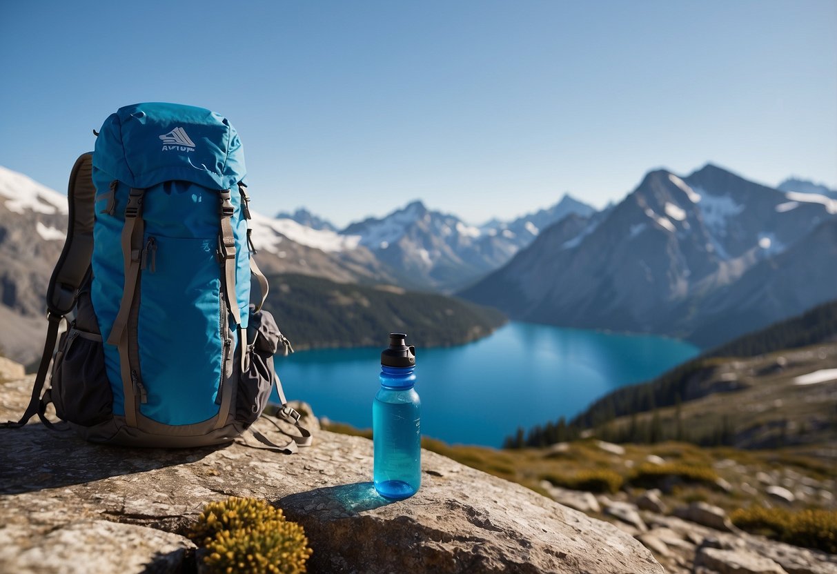 A mountain landscape with clear blue skies, snow-capped peaks, and a pristine alpine lake. A water bottle and hydration pack are placed prominently in the foreground