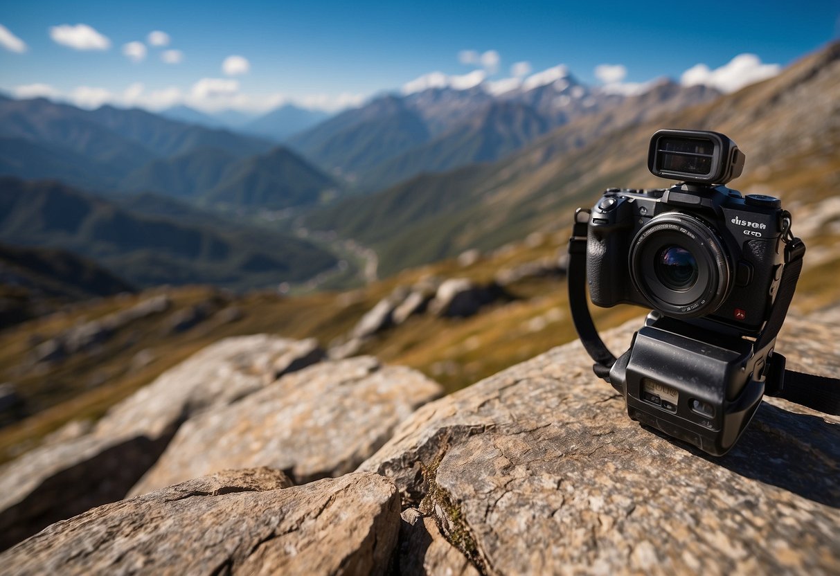 A camera set to RAW format, capturing a mountainous landscape at high altitude, with clear blue skies and sharp, rugged peaks