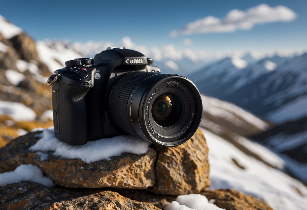 A camera perched on a rocky mountain ledge, capturing a breathtaking panoramic view of snow-capped peaks and deep valleys at high altitude