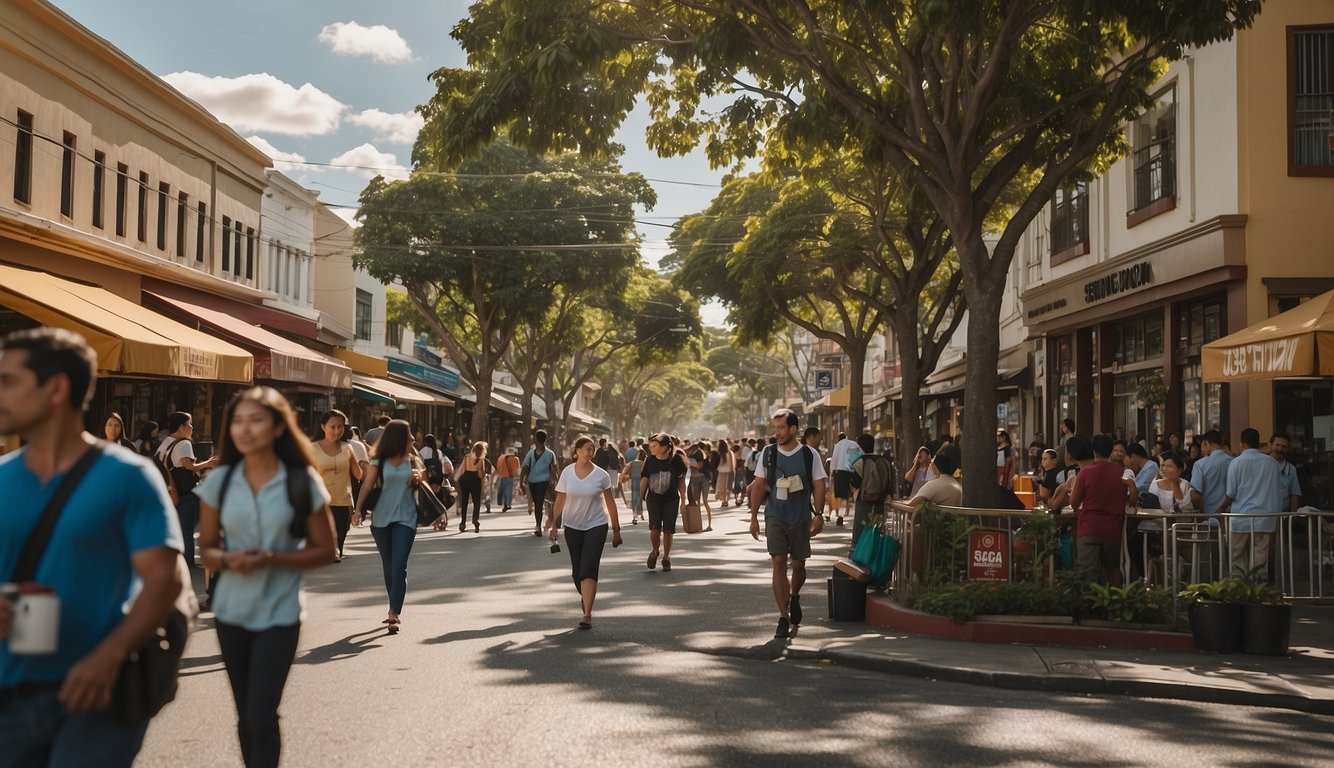 A bustling city street in San Jose, Costa Rica, with people and businesses in the background. Signs for background check services are visible