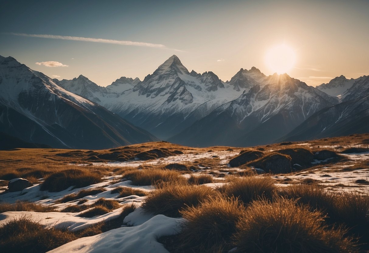 A landscape of towering mountains, with crisp, clear air and a bright, sunny sky. Snow-capped peaks and deep valleys create a stunning contrast