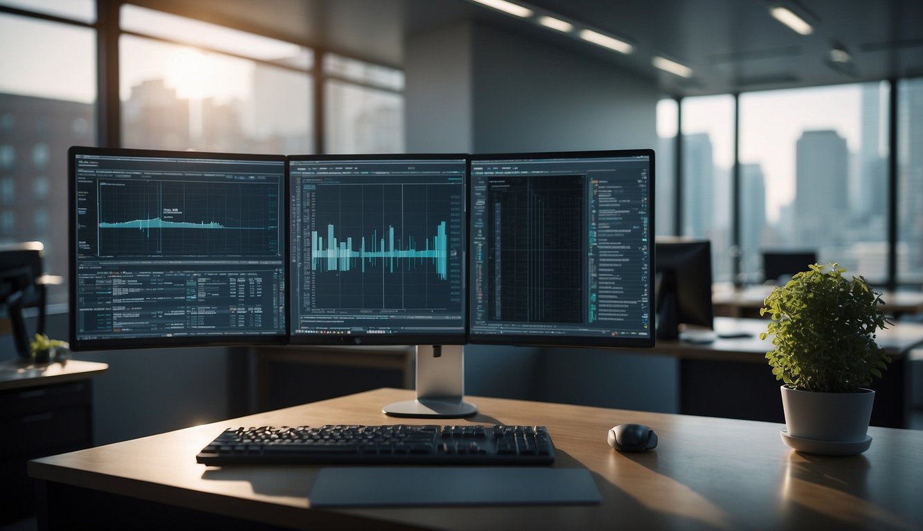 A serene office setting with a computer screen displaying accurate background information. A privacy shield ensures confidentiality