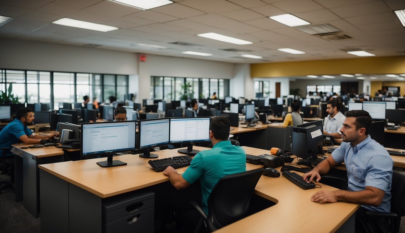 A bustling office in San Jose, Costa Rica, with people lining up to inquire about background checks. The room is filled with the sound of chatter and the clicking of keyboards as employees work diligently to assist customers