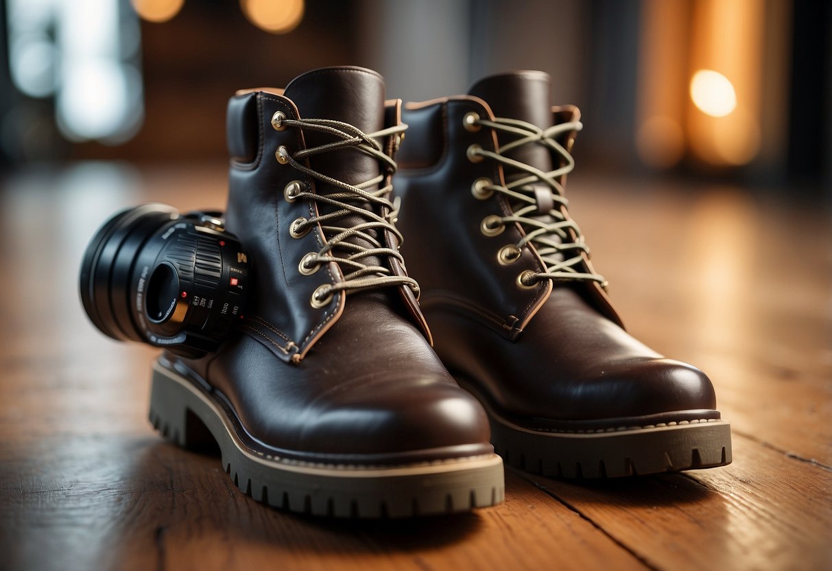 A pair of sturdy, comfortable boots arranged neatly on a wooden floor, surrounded by a camera, lens, and other photography equipment