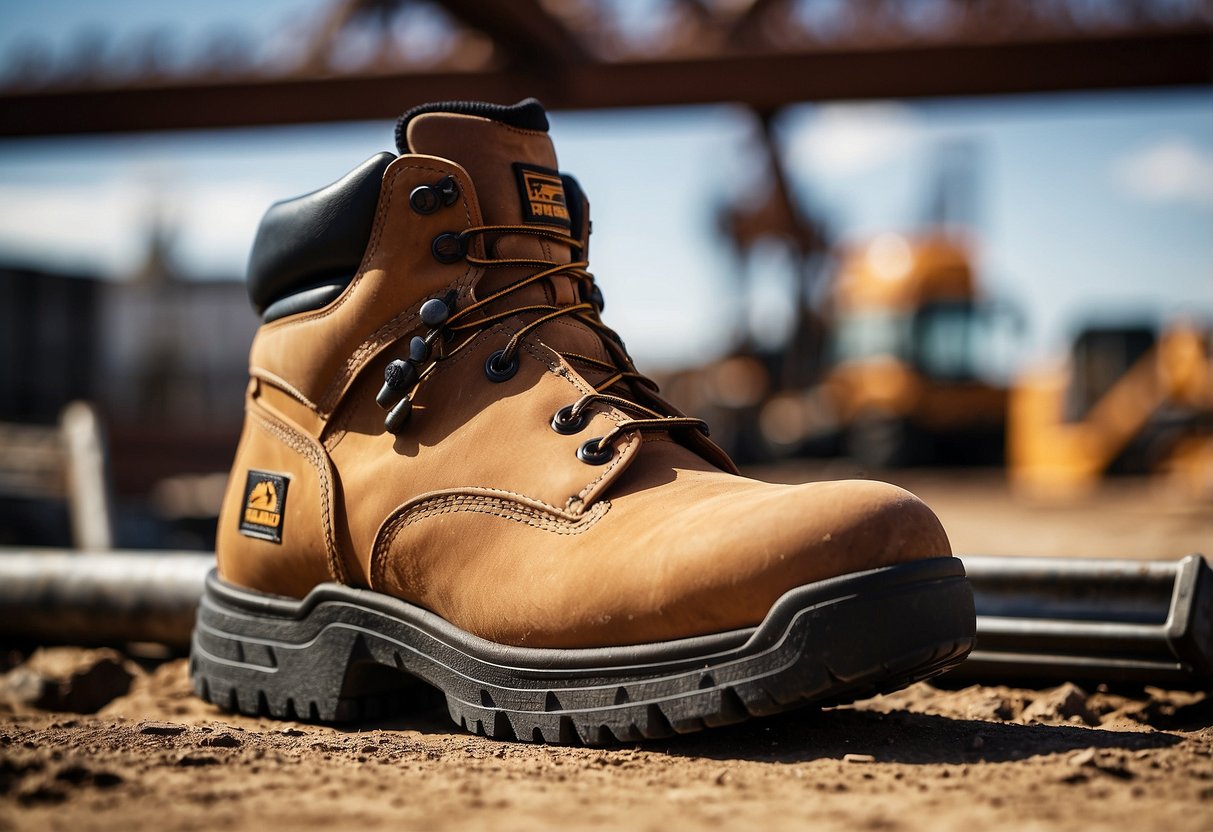 A pair of Timberland PRO Men's 6" Pit Boss Soft Toe boots on a rugged terrain, surrounded by tools and equipment, with a backdrop of a construction site or industrial setting