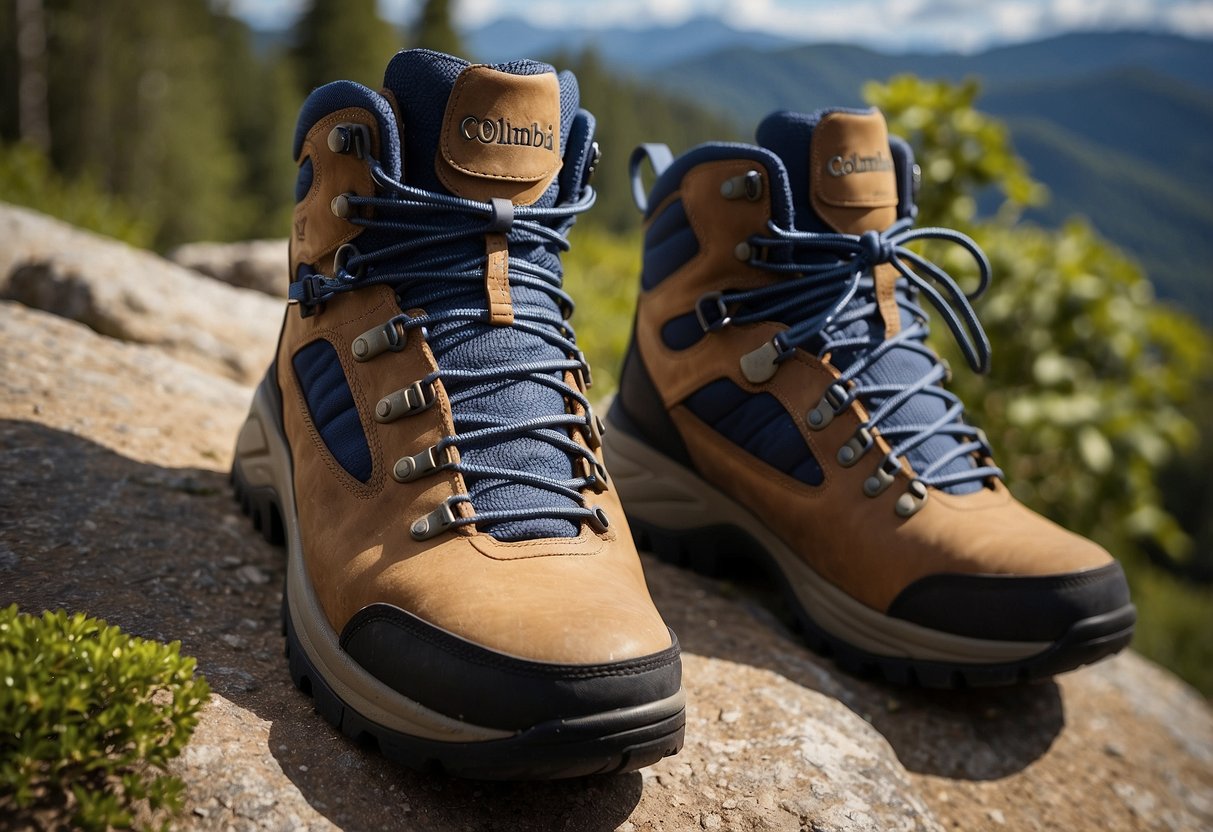 A pair of Columbia Men's Newton Ridge Plus II boots placed on a rocky trail, surrounded by lush greenery and a clear blue sky