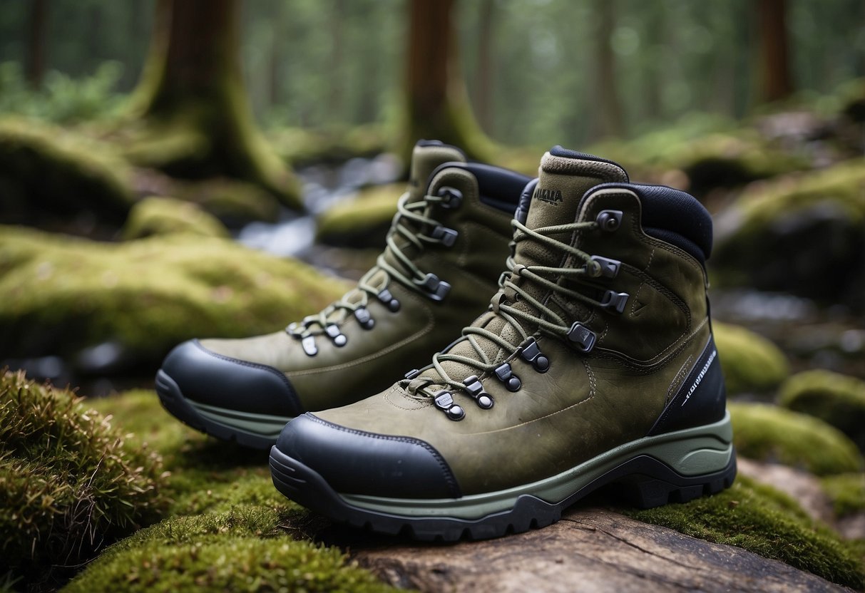 A pair of Vasque Men's St. Elias FG GTX boots resting on a bed of soft moss, surrounded by towering trees and a gentle stream