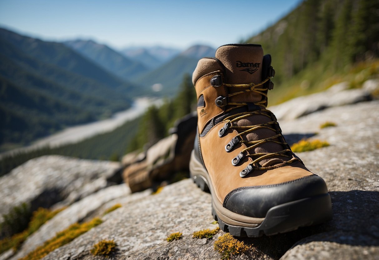 A pair of Danner Men's Mountain 600 boots resting on a rocky mountain trail, surrounded by lush greenery and a clear blue sky