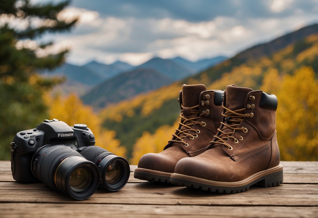 A pair of sturdy, comfortable photography boots sit on a wooden floor, surrounded by camera equipment and outdoor scenery