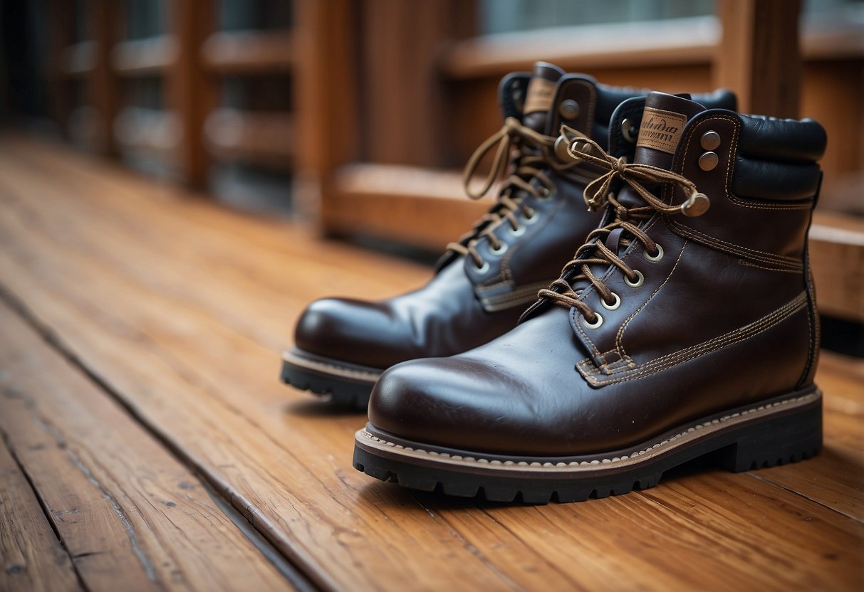 A pair of sturdy, well-cushioned photography boots sit on a wooden floor, with padded ankle support, a cushioned insole, and a durable, slip-resistant outsole