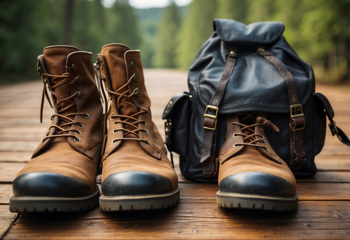 A pair of sturdy, well-worn photography boots sit next to a camera bag and a tripod on a wooden floor, surrounded by outdoor scenery