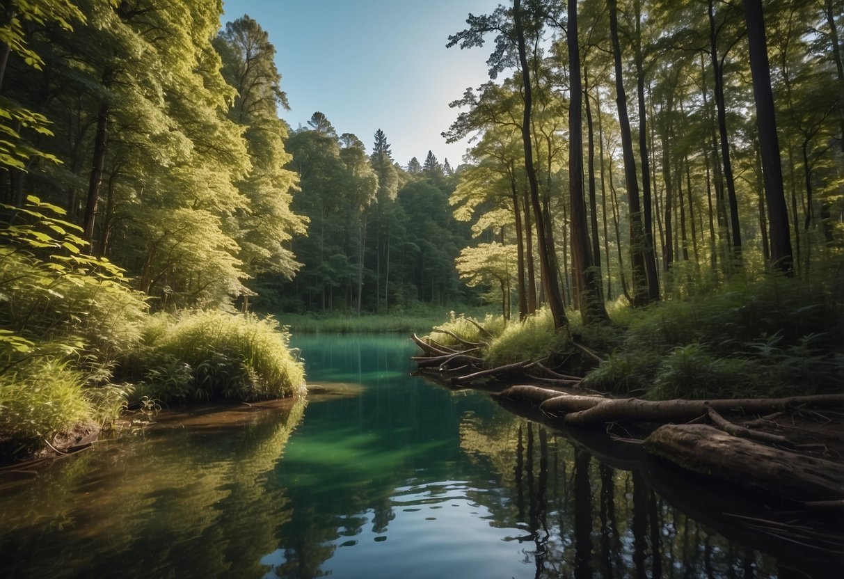 Lush forest with diverse wildlife, clear sky, and calm water. Photographer equipped with camera, tripod, and protective gear. Safety signs and markers visible