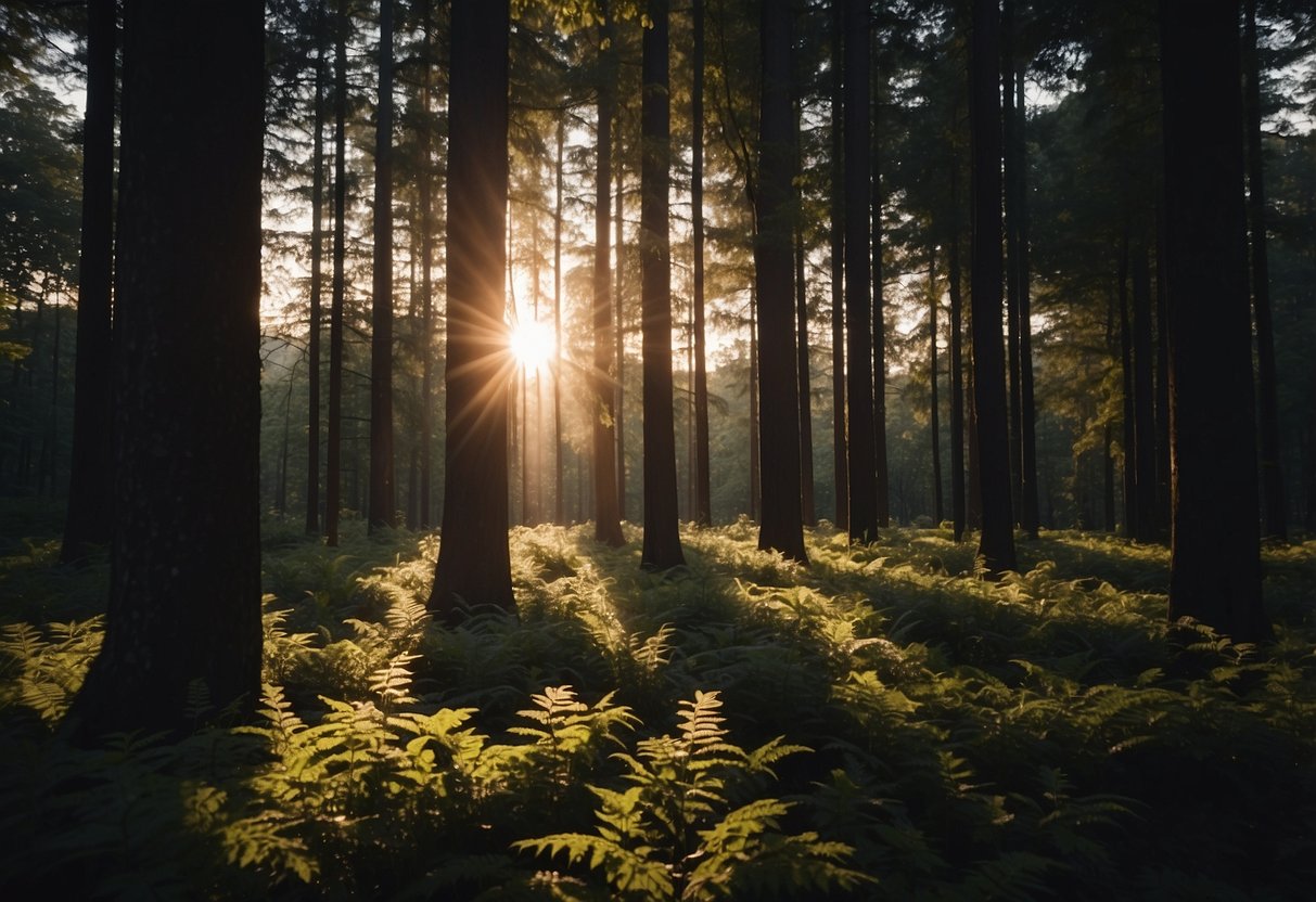 A forest clearing at dusk, with soft, warm light filtering through the trees. Shadows cast by branches and leaves create a dynamic play of light and dark