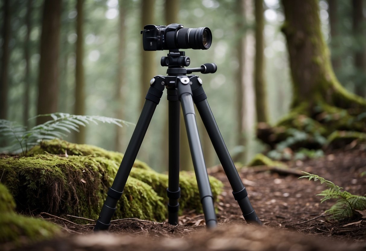 A tripod stands on uneven ground in a forest. The legs are adjusted for stability, and the camera is securely mounted, ready for nature photography