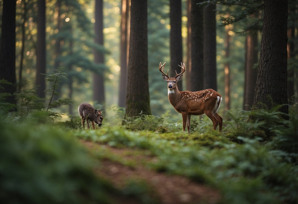 A serene forest clearing with a variety of wildlife, including birds, deer, and rabbits, all peacefully coexisting in their natural habitat