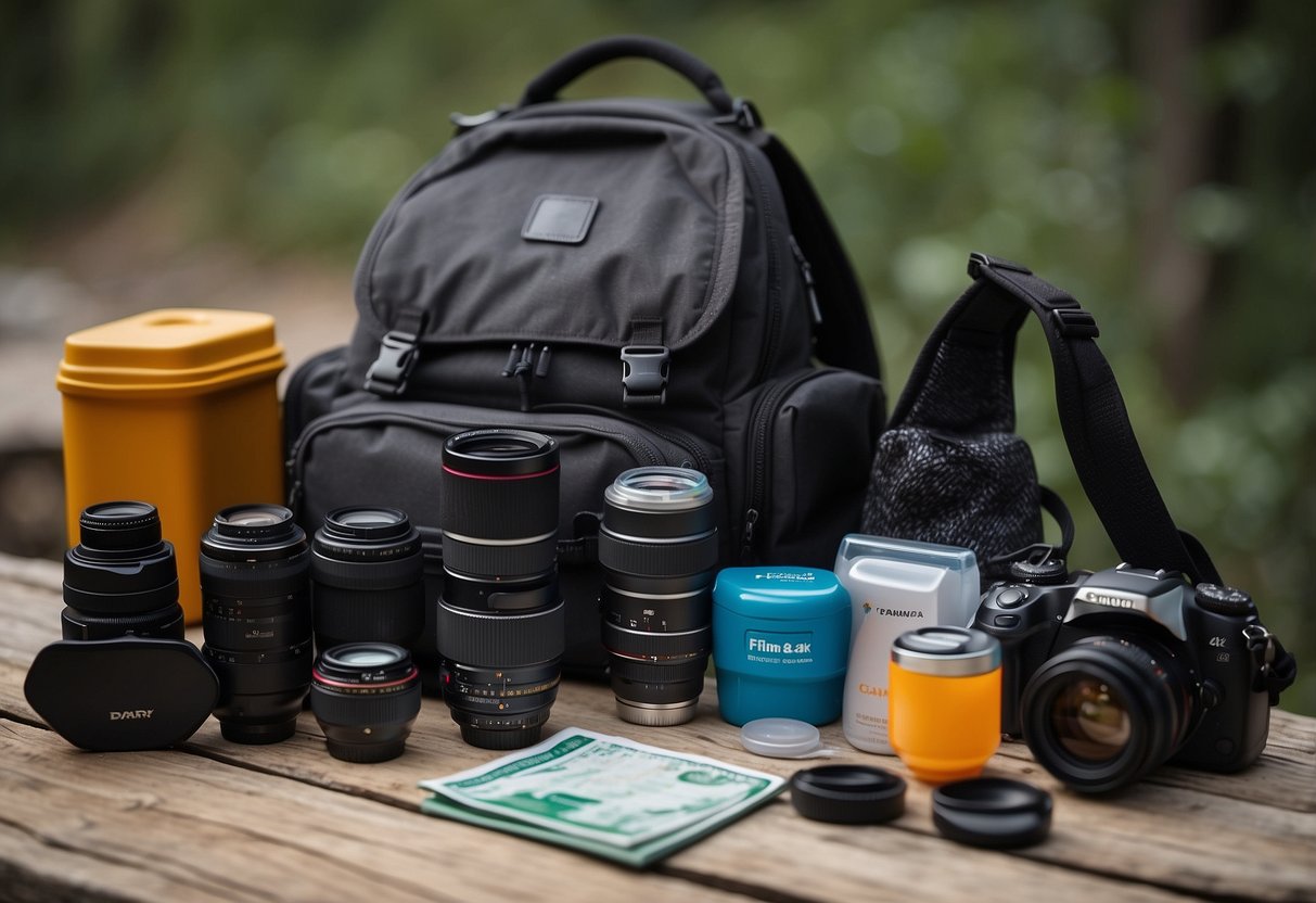 A camera, lenses, tripod, and other photography gear organized in a backpack. A map, compass, and first aid kit nearby