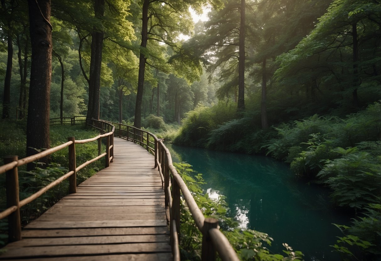 A serene forest with a clear path leading to a tranquil lake, surrounded by lush greenery and vibrant wildlife. The scene exudes a sense of peace and safety, ideal for nature photography