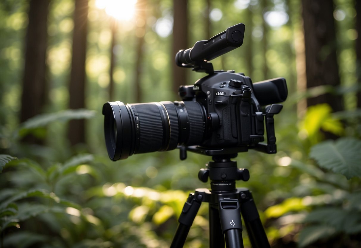 A camera on a sturdy tripod, set up in a lush forest with dappled sunlight filtering through the trees. A backpack and photography gear are neatly organized nearby