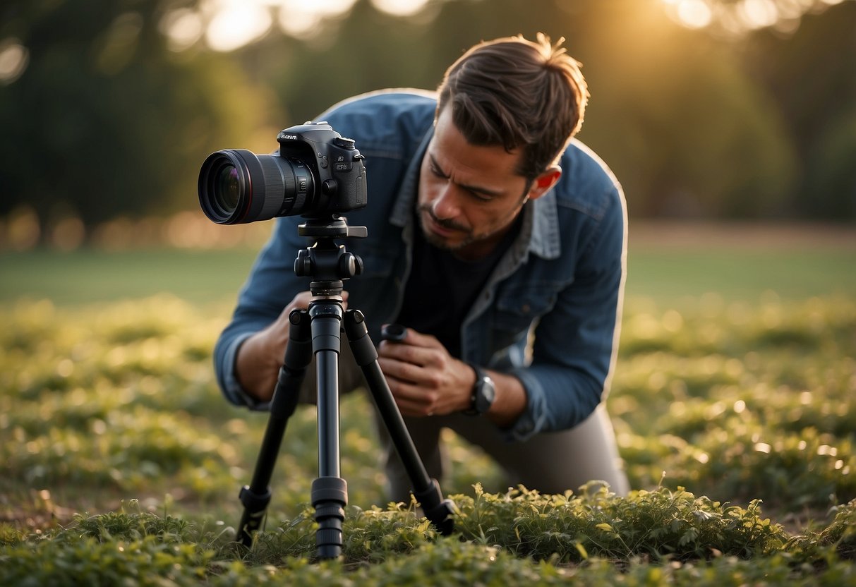 A photographer sets up a tripod on stable ground, uses a lens hood to protect from glare, and secures gear to prevent accidents