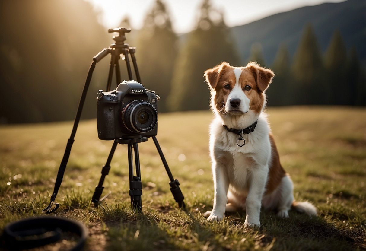 A dog sitting in front of a camera, with a leash attached but not taut. A treat or toy is nearby, and the background is a natural outdoor setting with soft, diffused lighting