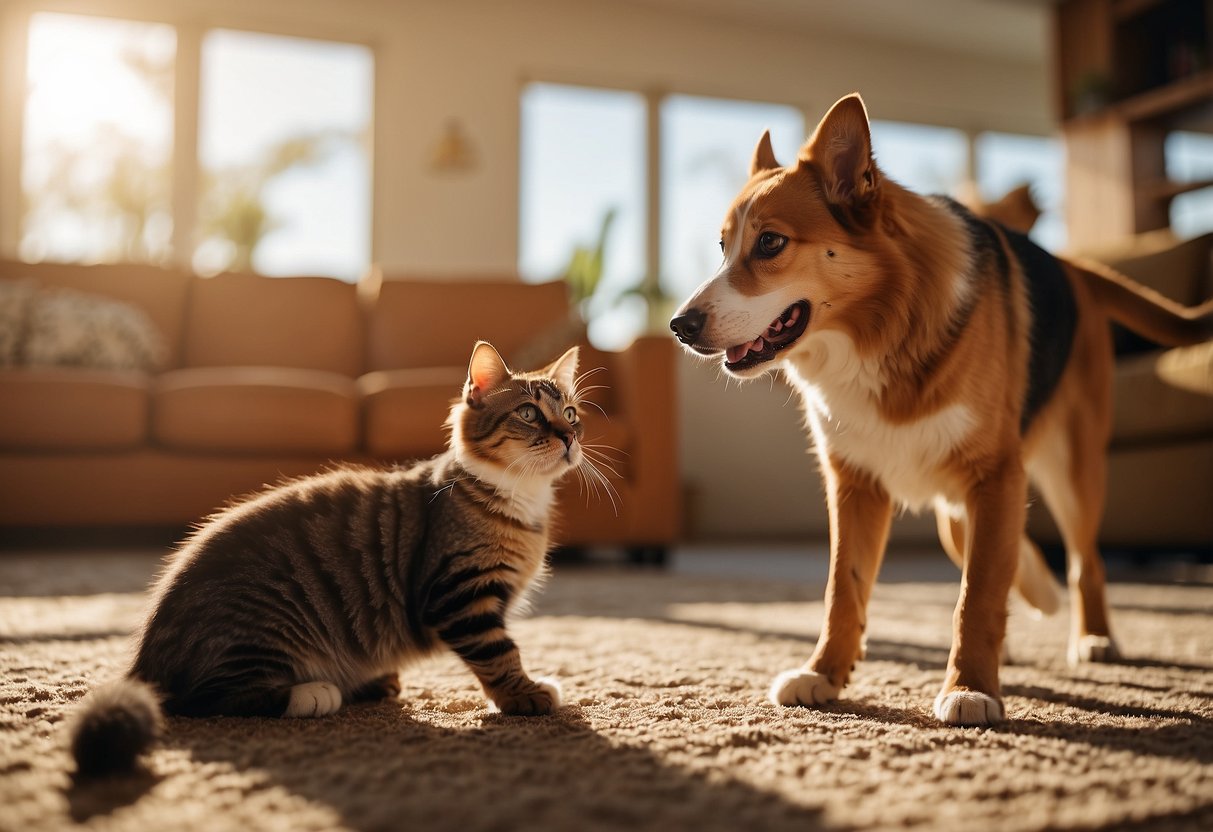 A dog and cat play in a sunlit living room. Toys are scattered on the floor as the pets interact, creating a lively and playful atmosphere