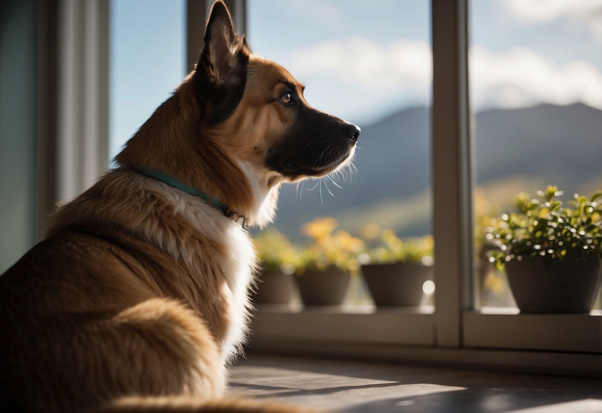 A dog sitting calmly, ears perked, looking directly at the camera. A cat lounging on a windowsill, gazing out at the scenery. Both animals appear relaxed and content in their surroundings